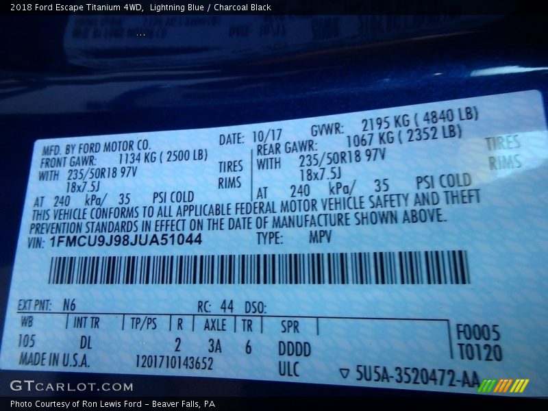 Lightning Blue / Charcoal Black 2018 Ford Escape Titanium 4WD
