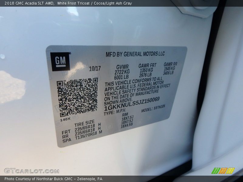 White Frost Tricoat / Cocoa/Light Ash Gray 2018 GMC Acadia SLT AWD