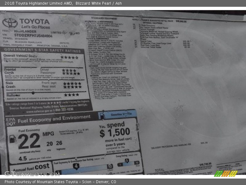 Blizzard White Pearl / Ash 2018 Toyota Highlander Limited AWD