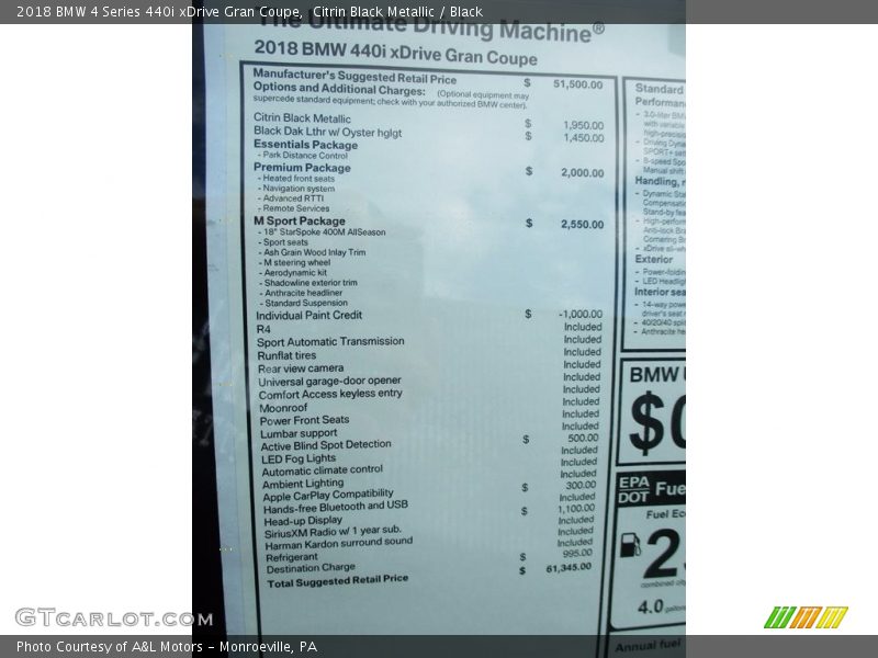  2018 4 Series 440i xDrive Gran Coupe Window Sticker