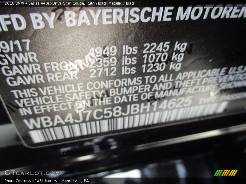 Citrin Black Metallic / Black 2018 BMW 4 Series 440i xDrive Gran Coupe