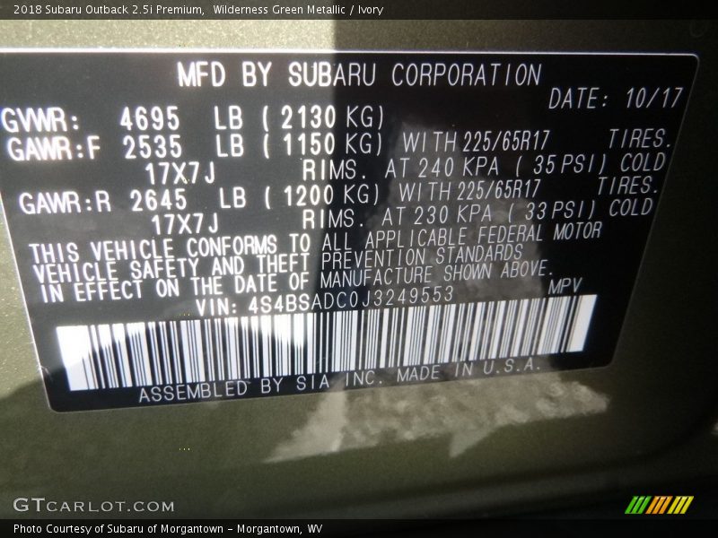 Wilderness Green Metallic / Ivory 2018 Subaru Outback 2.5i Premium