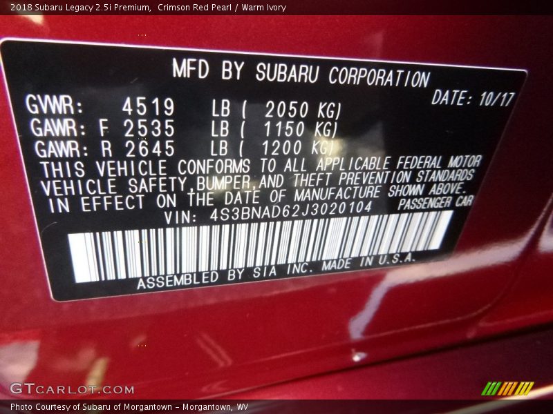 Crimson Red Pearl / Warm Ivory 2018 Subaru Legacy 2.5i Premium