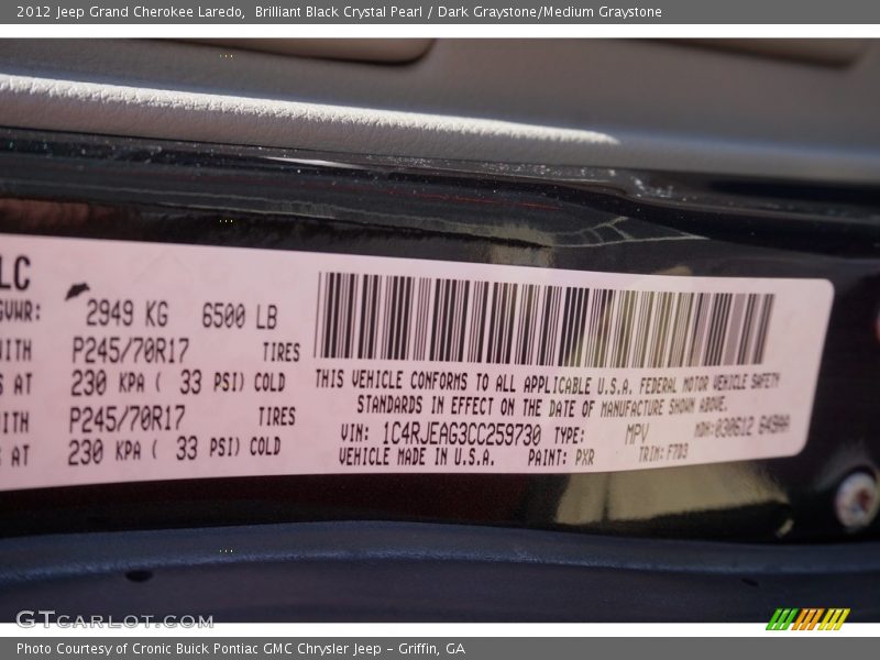 Brilliant Black Crystal Pearl / Dark Graystone/Medium Graystone 2012 Jeep Grand Cherokee Laredo