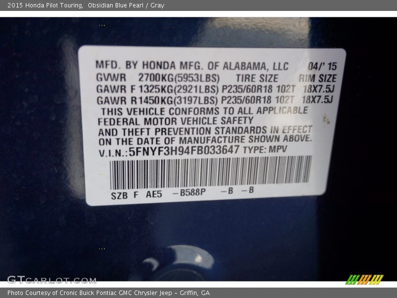 Obsidian Blue Pearl / Gray 2015 Honda Pilot Touring