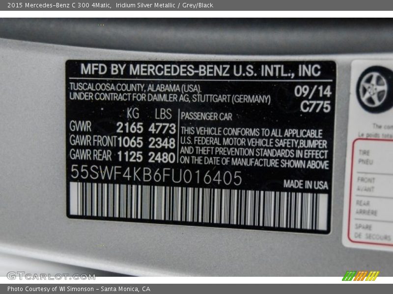 Iridium Silver Metallic / Grey/Black 2015 Mercedes-Benz C 300 4Matic