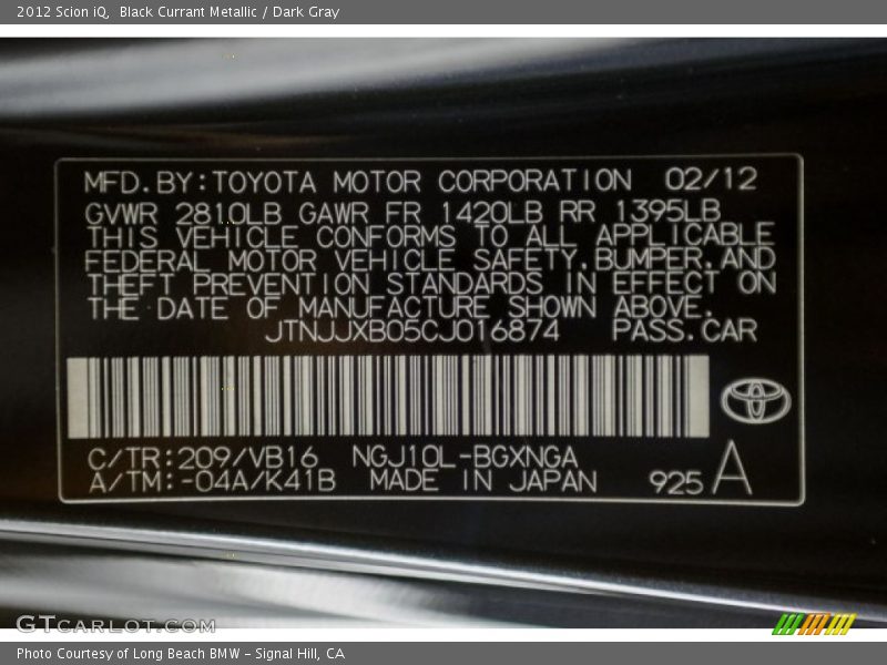 Black Currant Metallic / Dark Gray 2012 Scion iQ