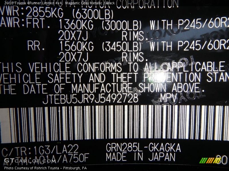 Magnetic Gray Metallic / Black 2018 Toyota 4Runner Limited 4x4