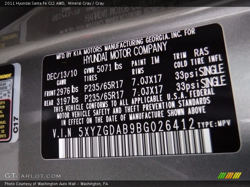 Mineral Gray / Gray 2011 Hyundai Santa Fe GLS AWD