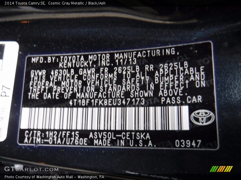 Cosmic Gray Metallic / Black/Ash 2014 Toyota Camry SE