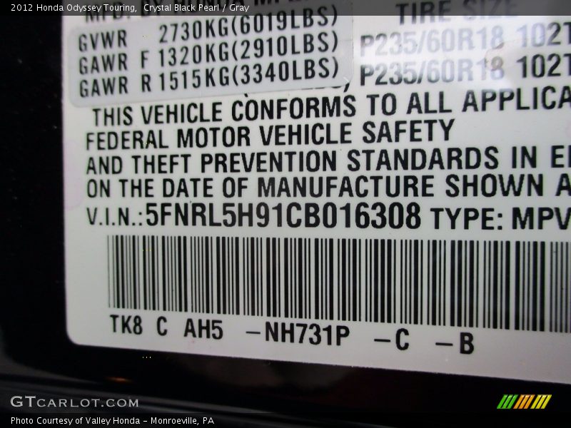 Crystal Black Pearl / Gray 2012 Honda Odyssey Touring