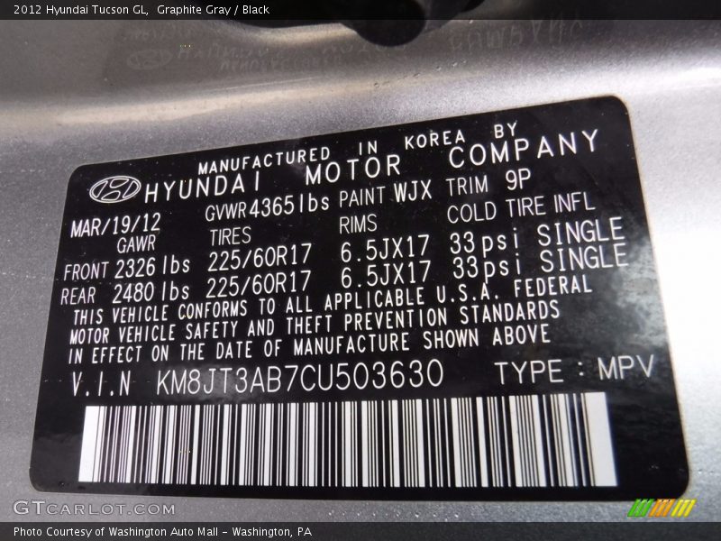 Graphite Gray / Black 2012 Hyundai Tucson GL