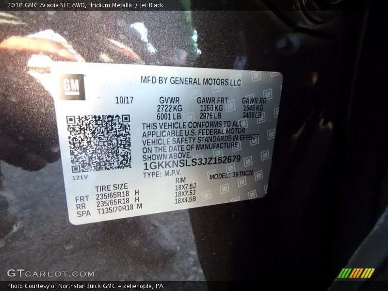 Iridium Metallic / Jet Black 2018 GMC Acadia SLE AWD