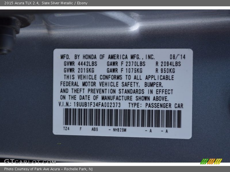 Slate Silver Metallic / Ebony 2015 Acura TLX 2.4