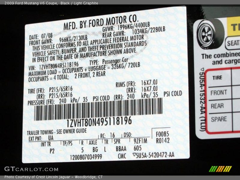 Black / Light Graphite 2009 Ford Mustang V6 Coupe