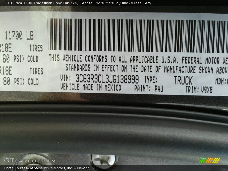 2018 3500 Tradesman Crew Cab 4x4 Granite Crystal Metallic Color Code PAU