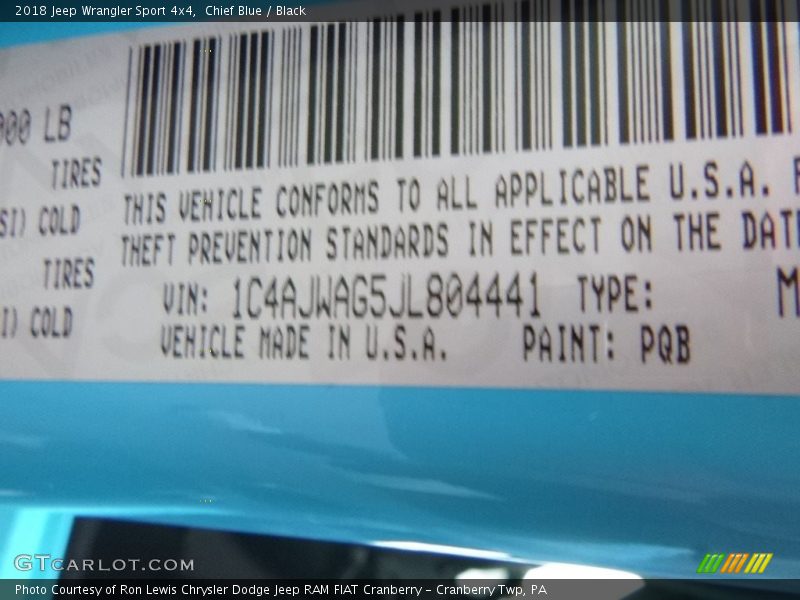 2018 Wrangler Sport 4x4 Chief Blue Color Code PQB