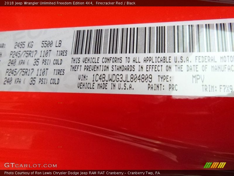 2018 Wrangler Unlimited Freedom Edition 4X4 Firecracker Red Color Code PRC