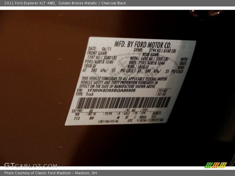 Golden Bronze Metallic / Charcoal Black 2011 Ford Explorer XLT 4WD