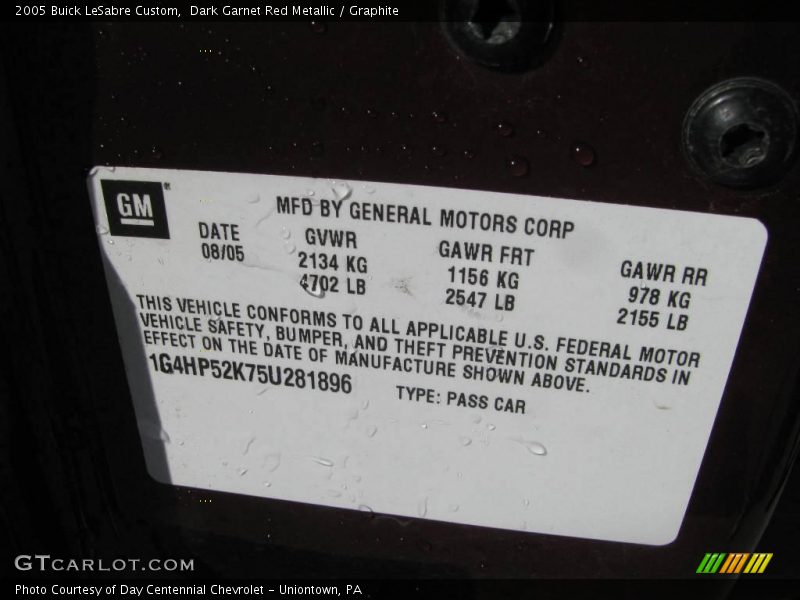 Dark Garnet Red Metallic / Graphite 2005 Buick LeSabre Custom