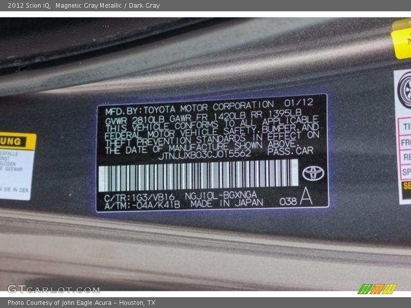 Magnetic Gray Metallic / Dark Gray 2012 Scion iQ