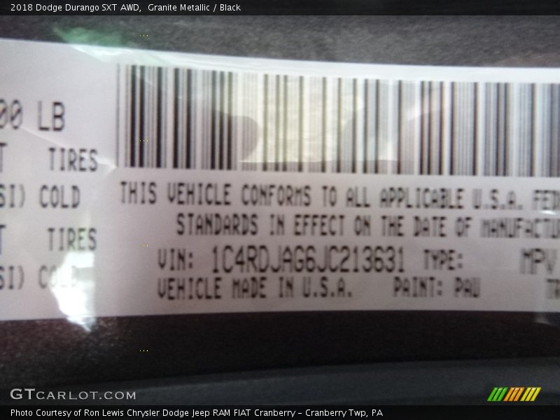 Granite Metallic / Black 2018 Dodge Durango SXT AWD