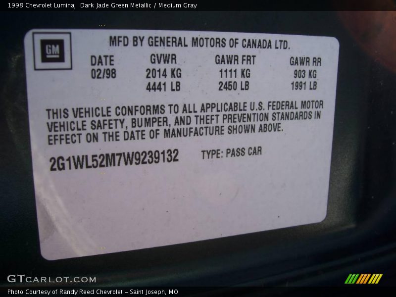 Dark Jade Green Metallic / Medium Gray 1998 Chevrolet Lumina