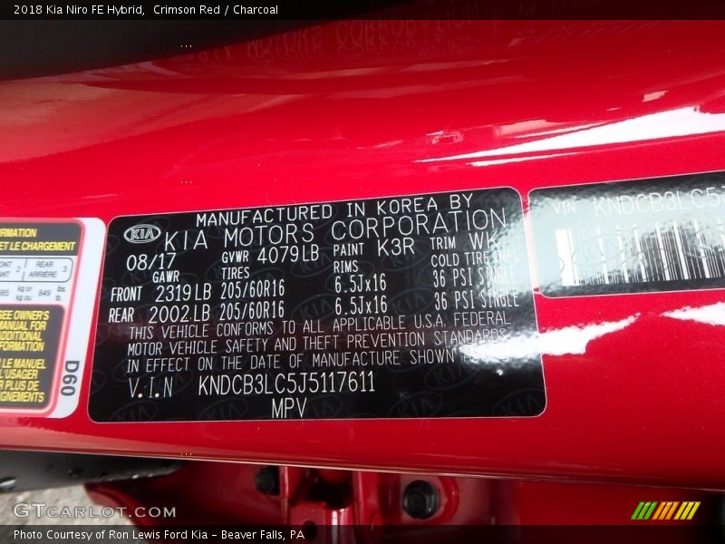 2018 Niro FE Hybrid Crimson Red Color Code K3R