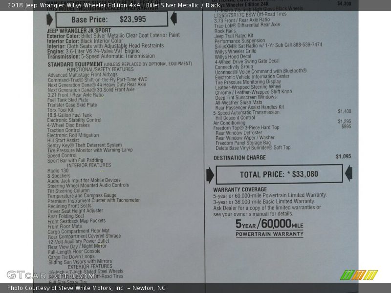  2018 Wrangler Willys Wheeler Edition 4x4 Window Sticker