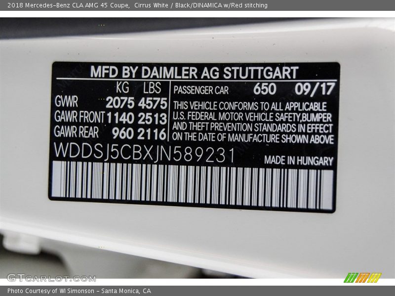 2018 CLA AMG 45 Coupe Cirrus White Color Code 650