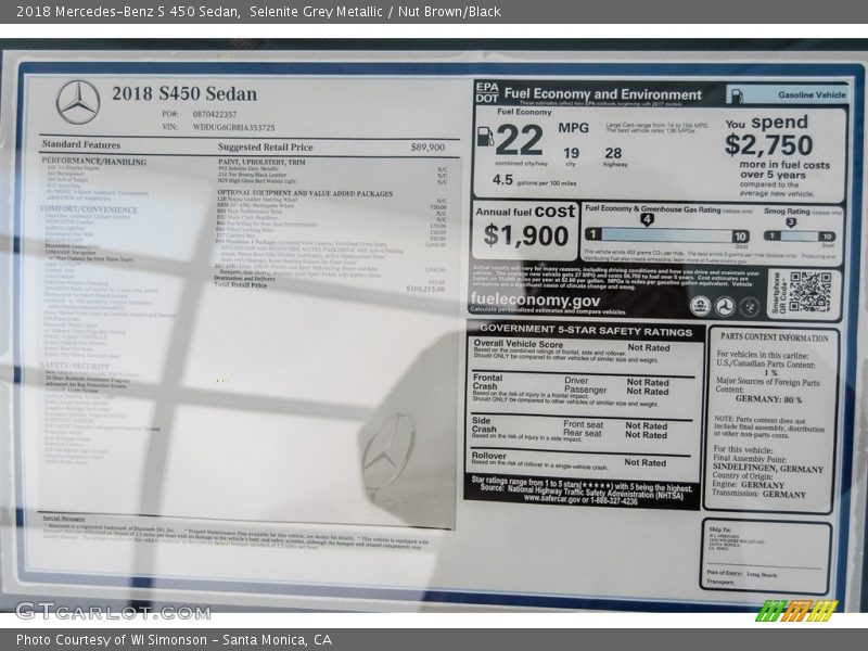  2018 S 450 Sedan Window Sticker
