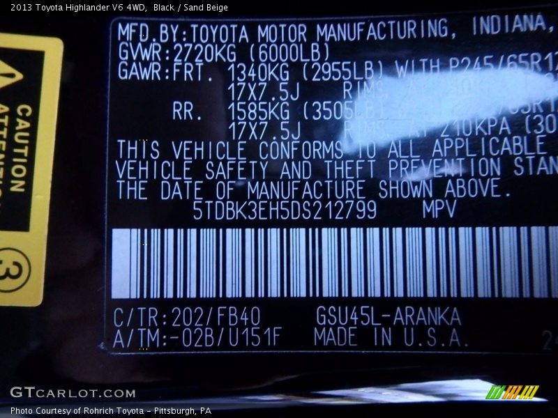 Black / Sand Beige 2013 Toyota Highlander V6 4WD