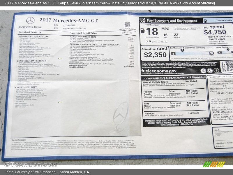  2017 AMG GT Coupe Window Sticker