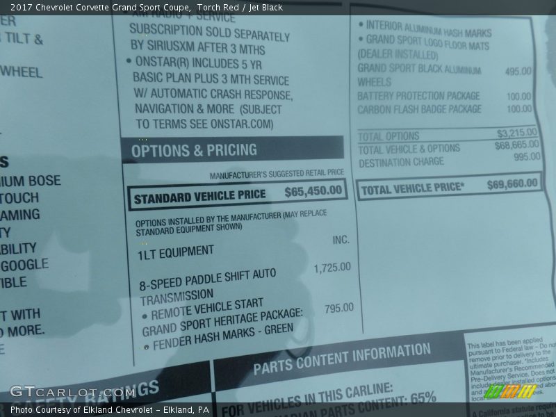  2017 Corvette Grand Sport Coupe Window Sticker