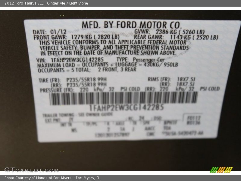 Ginger Ale / Light Stone 2012 Ford Taurus SEL