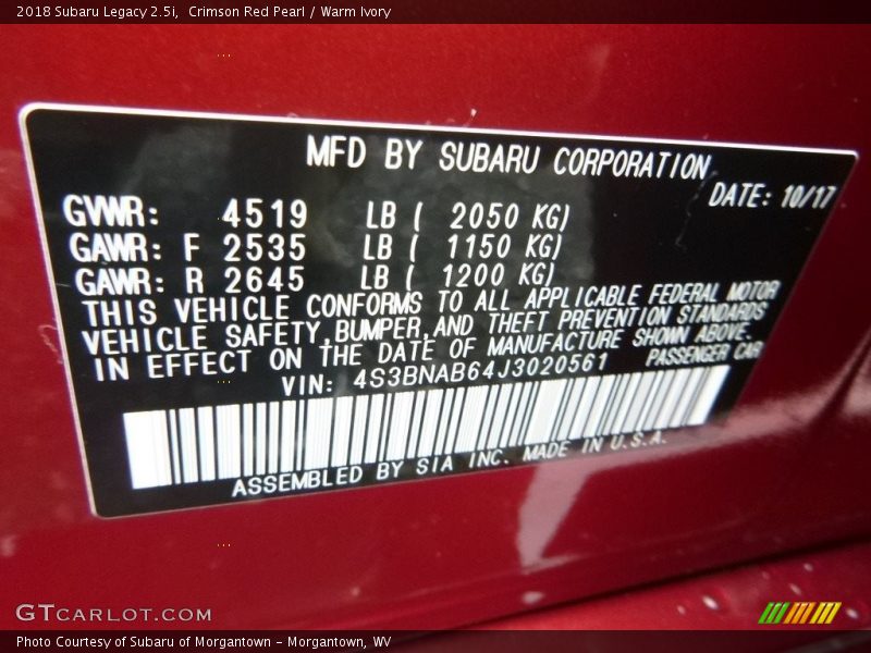 Crimson Red Pearl / Warm Ivory 2018 Subaru Legacy 2.5i