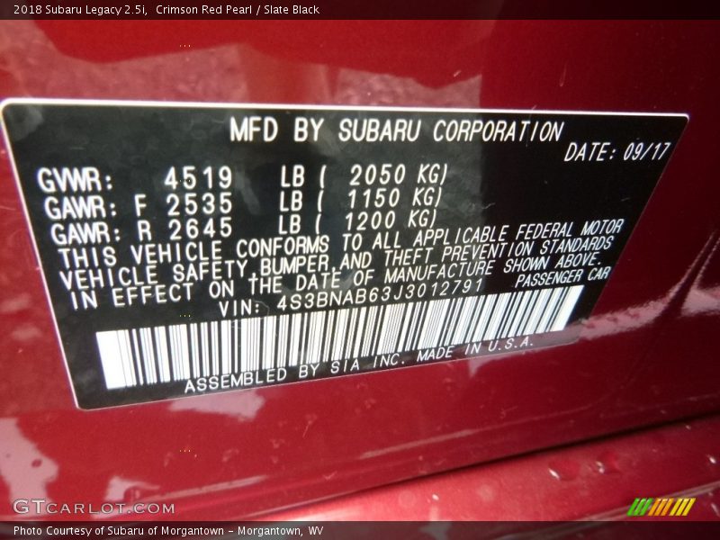 Crimson Red Pearl / Slate Black 2018 Subaru Legacy 2.5i