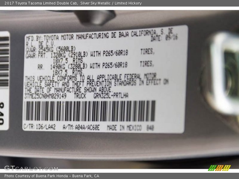 2017 Tacoma Limited Double Cab Silver Sky Metallic Color Code 1D6