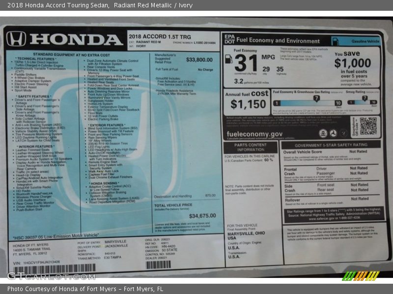  2018 Accord Touring Sedan Window Sticker