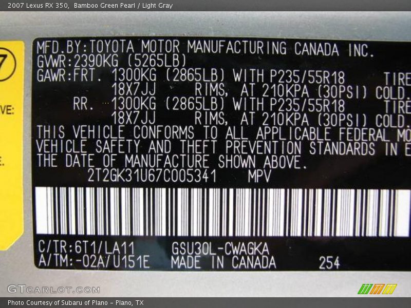 Bamboo Green Pearl / Light Gray 2007 Lexus RX 350