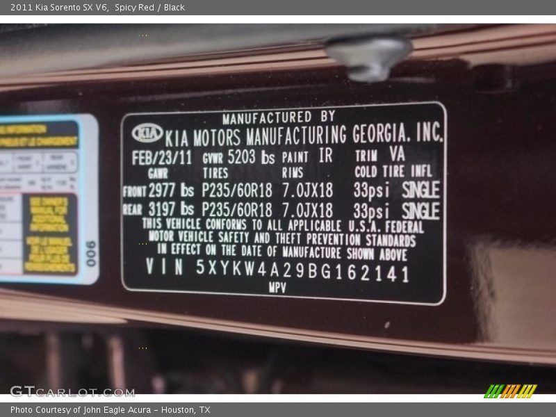 Spicy Red / Black 2011 Kia Sorento SX V6