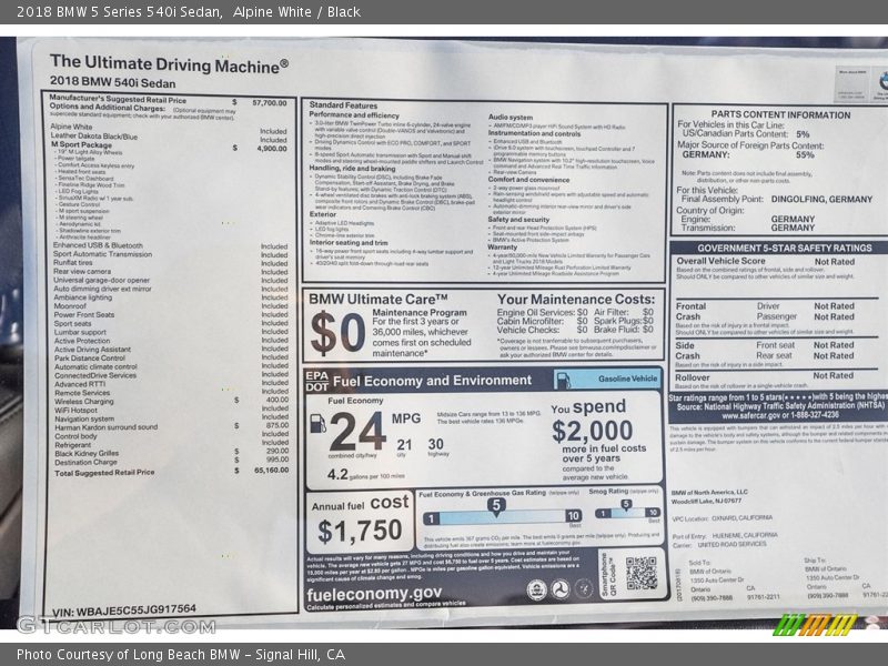  2018 5 Series 540i Sedan Window Sticker