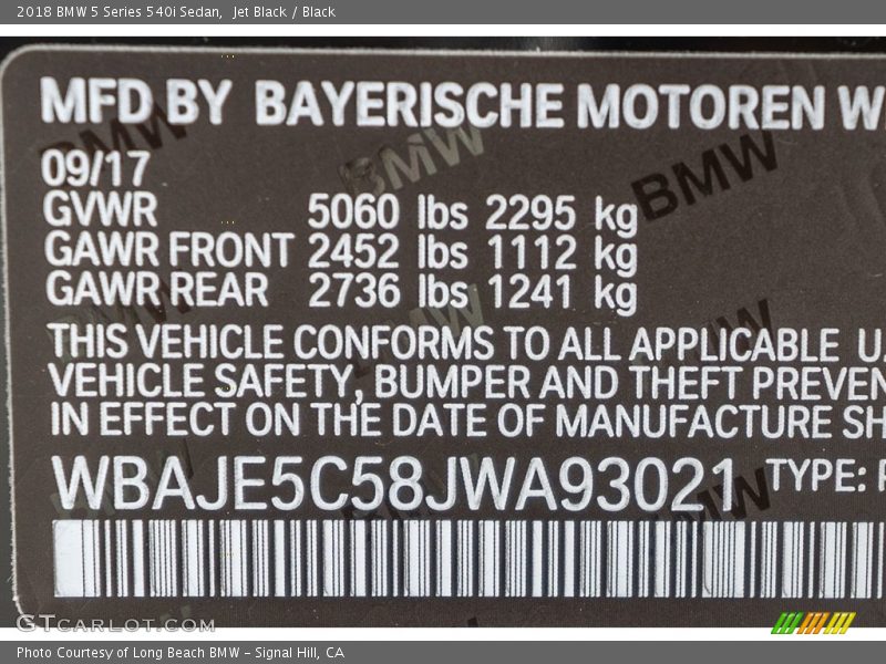 Jet Black / Black 2018 BMW 5 Series 540i Sedan
