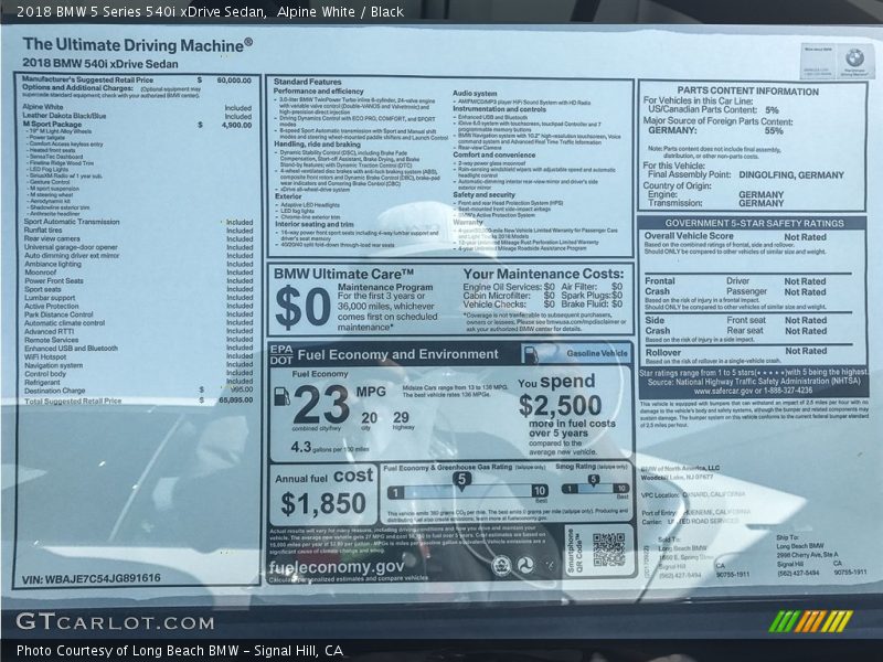  2018 5 Series 540i xDrive Sedan Window Sticker