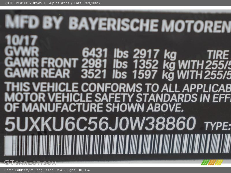 Alpine White / Coral Red/Black 2018 BMW X6 xDrive50i