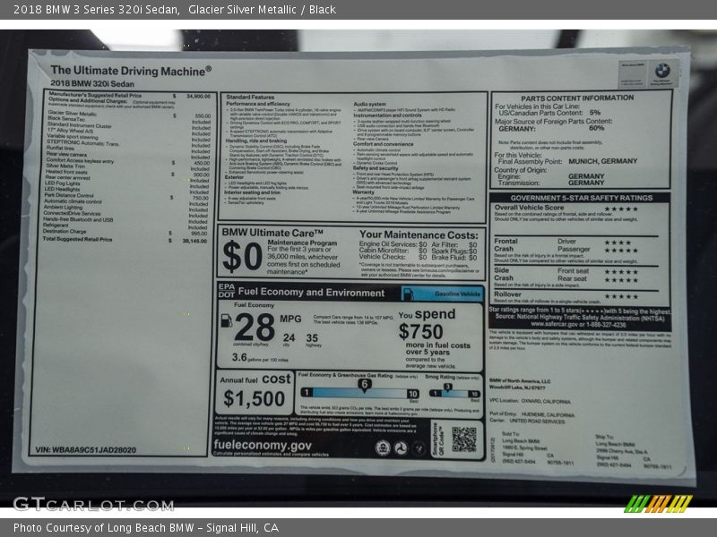  2018 3 Series 320i Sedan Window Sticker