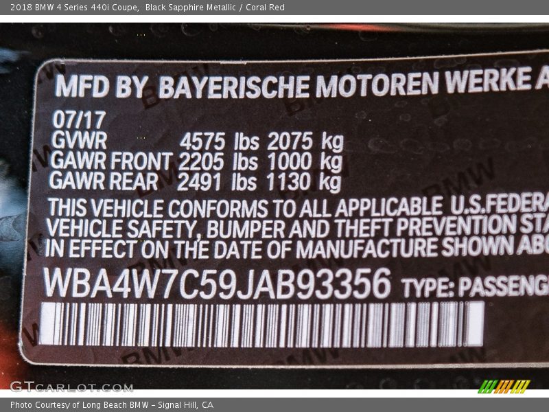 Black Sapphire Metallic / Coral Red 2018 BMW 4 Series 440i Coupe