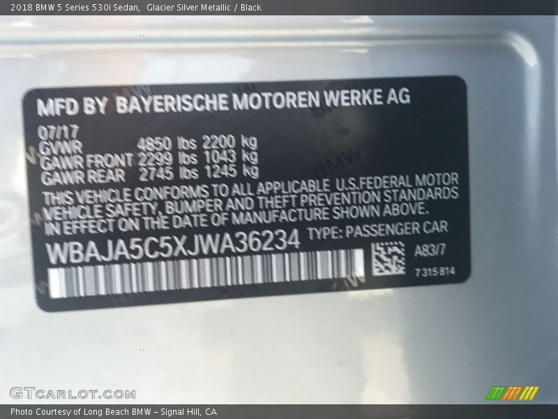 Glacier Silver Metallic / Black 2018 BMW 5 Series 530i Sedan