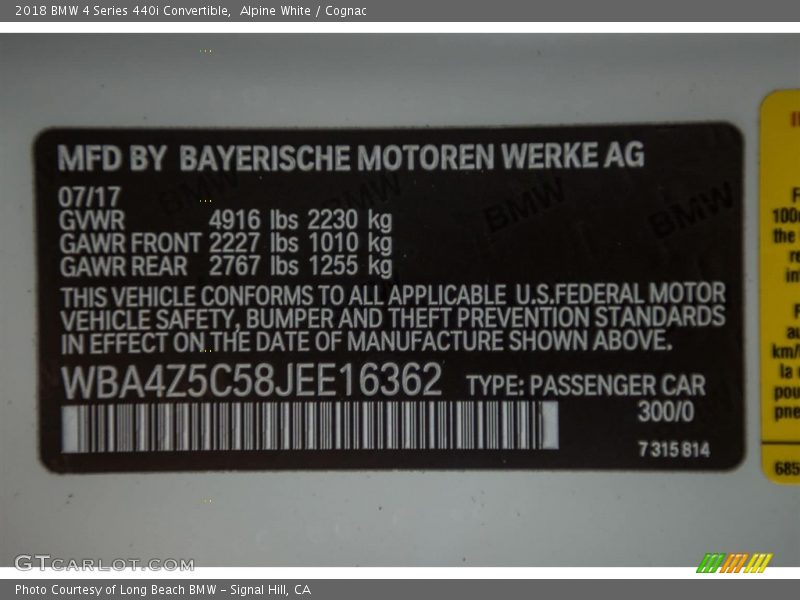 2018 4 Series 440i Convertible Alpine White Color Code 300