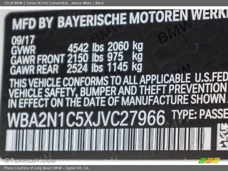 Alpine White / Black 2018 BMW 2 Series M240i Convertible